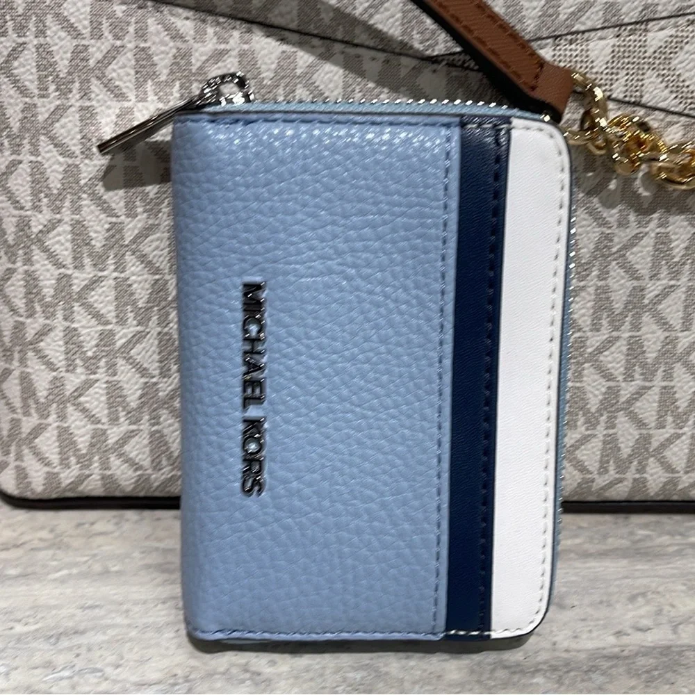 Michael Kors Jet Set Travel Medium Zip Around Color-Block Wallet Pale Blue Mult